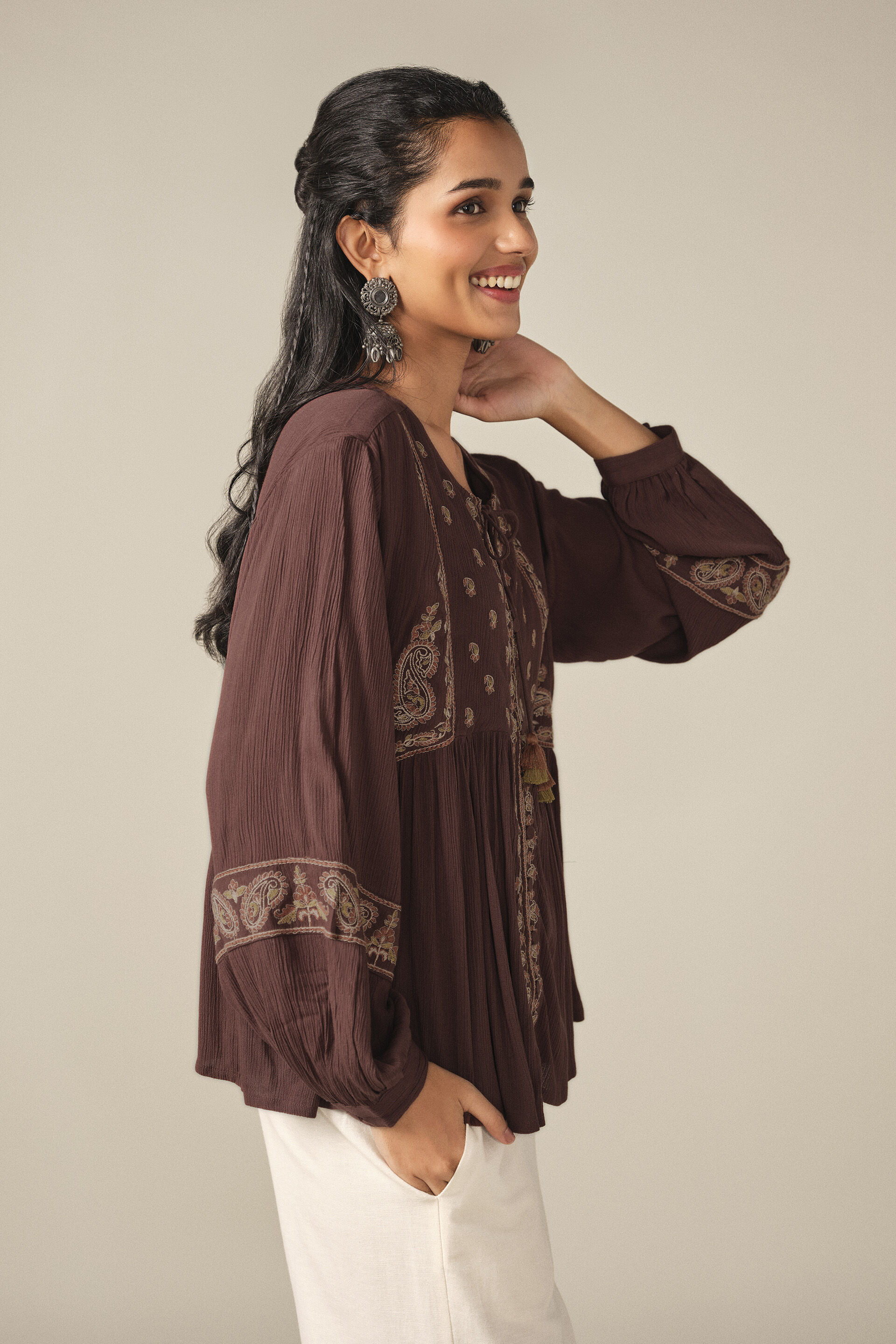 Embroidered Peasant Top in Brown, Brown, image 4
